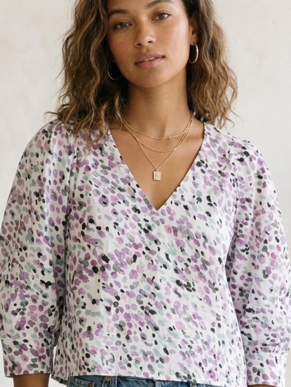 MISA Los Angeles Puff Sleeve V Neck Blouse White Lilac Print Size XS New